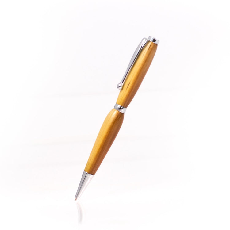 Handcrafted Cedar wood pen with reddish and golden tones, glossy finish, and refillable Cross-style black ink insert, made in Missouri