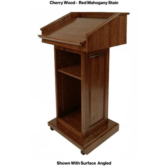 Counselor™ Podium, handcrafted in the USA with premium hardwood, adjustable work surface, built-in storage, and hidden casters.