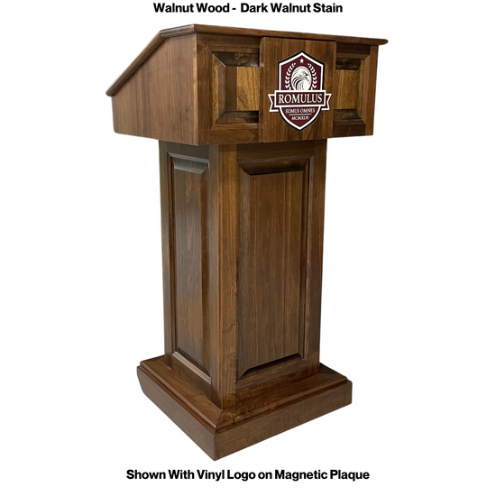 Counselor™ Podium, handcrafted in the USA with premium hardwood, adjustable work surface, built-in storage, and hidden casters.