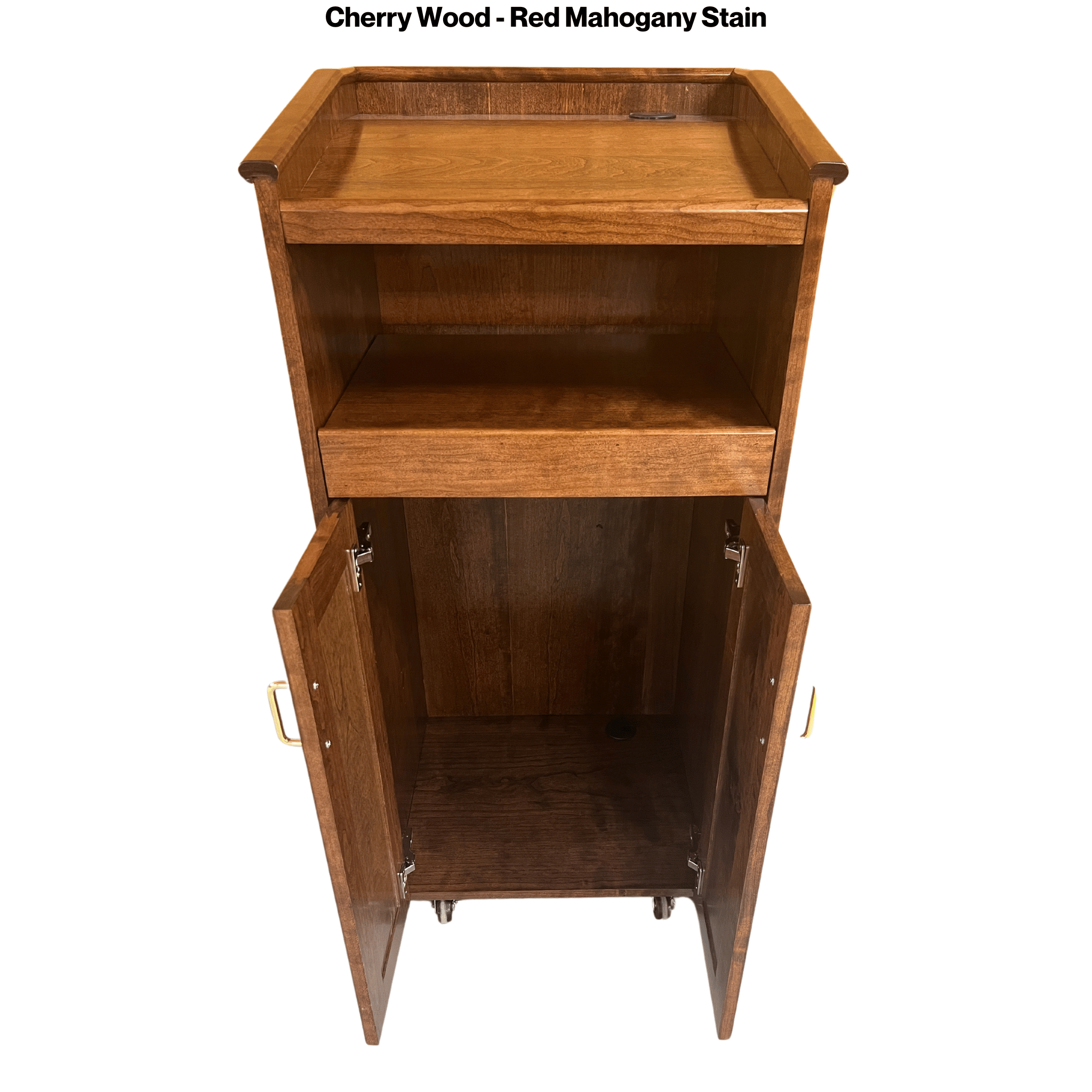 Collegiate™ CPD677 podium, handcrafted from cherry with pullout shelf, wire management, and hidden casters for easy mobility.