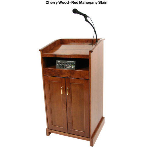 Collegiate Evolution podium, handcrafted in the USA from solid cherry, featuring a built-in sound system, mobility casters, and storage options.