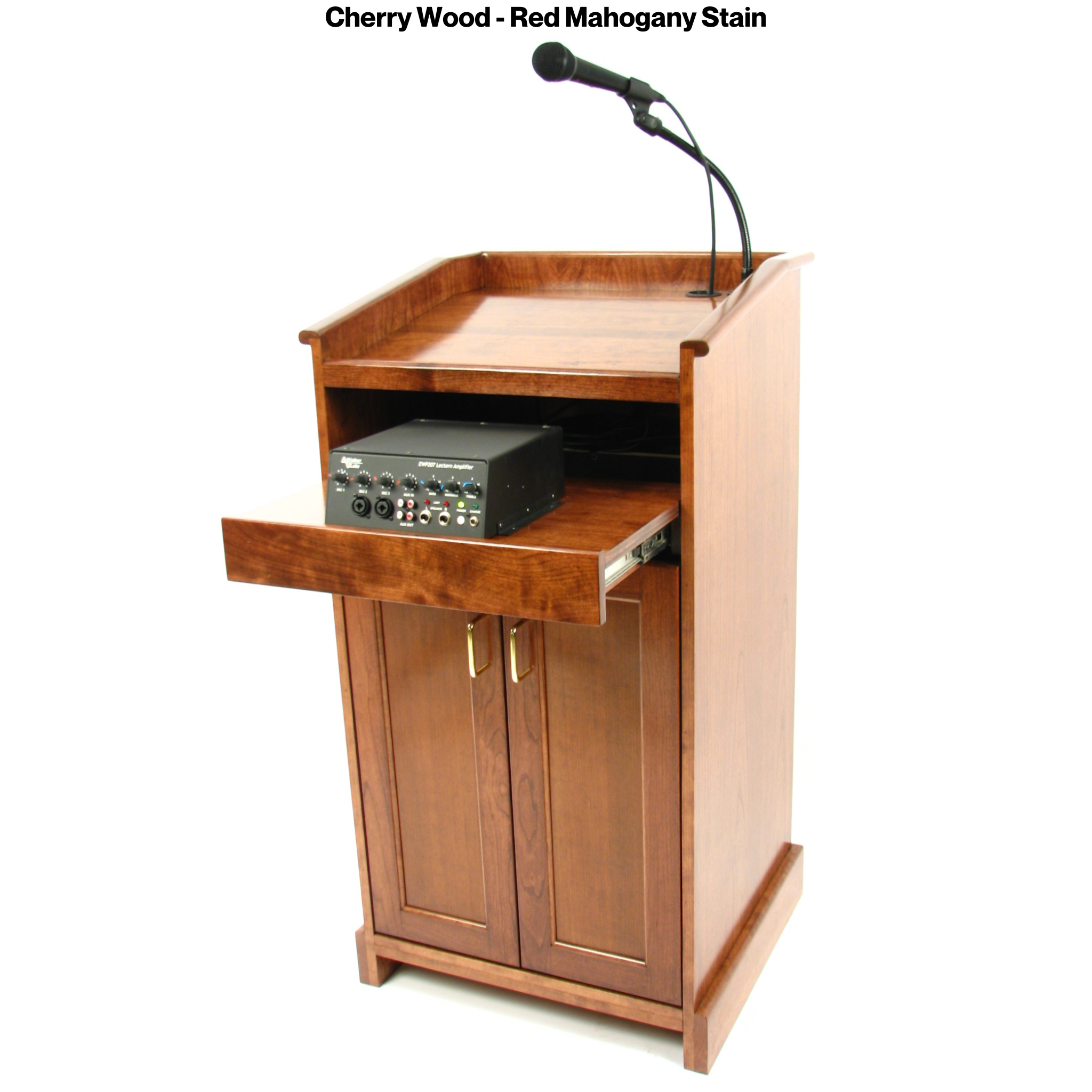 Collegiate Evolution podium, handcrafted in the USA from solid cherry, featuring a built-in sound system, mobility casters, and storage options.