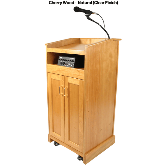 Collegiate Evolution podium, handcrafted in the USA from solid cherry, featuring a built-in sound system, mobility casters, and storage options.