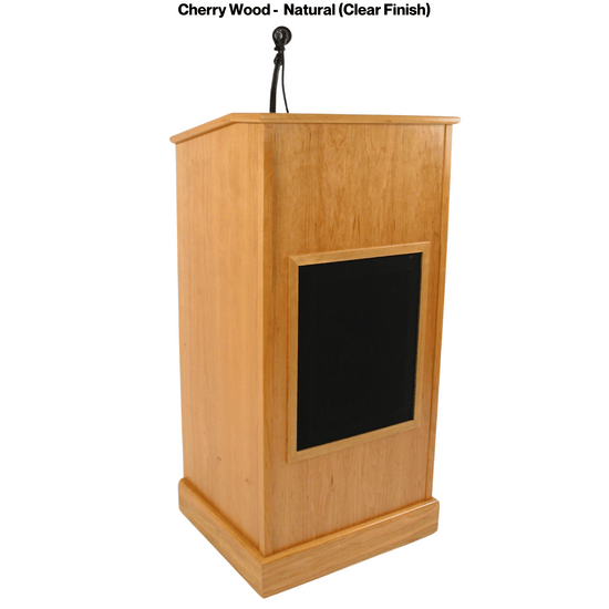 Collegiate Evolution podium, handcrafted in the USA from solid cherry, featuring a built-in sound system, mobility casters, and storage options.