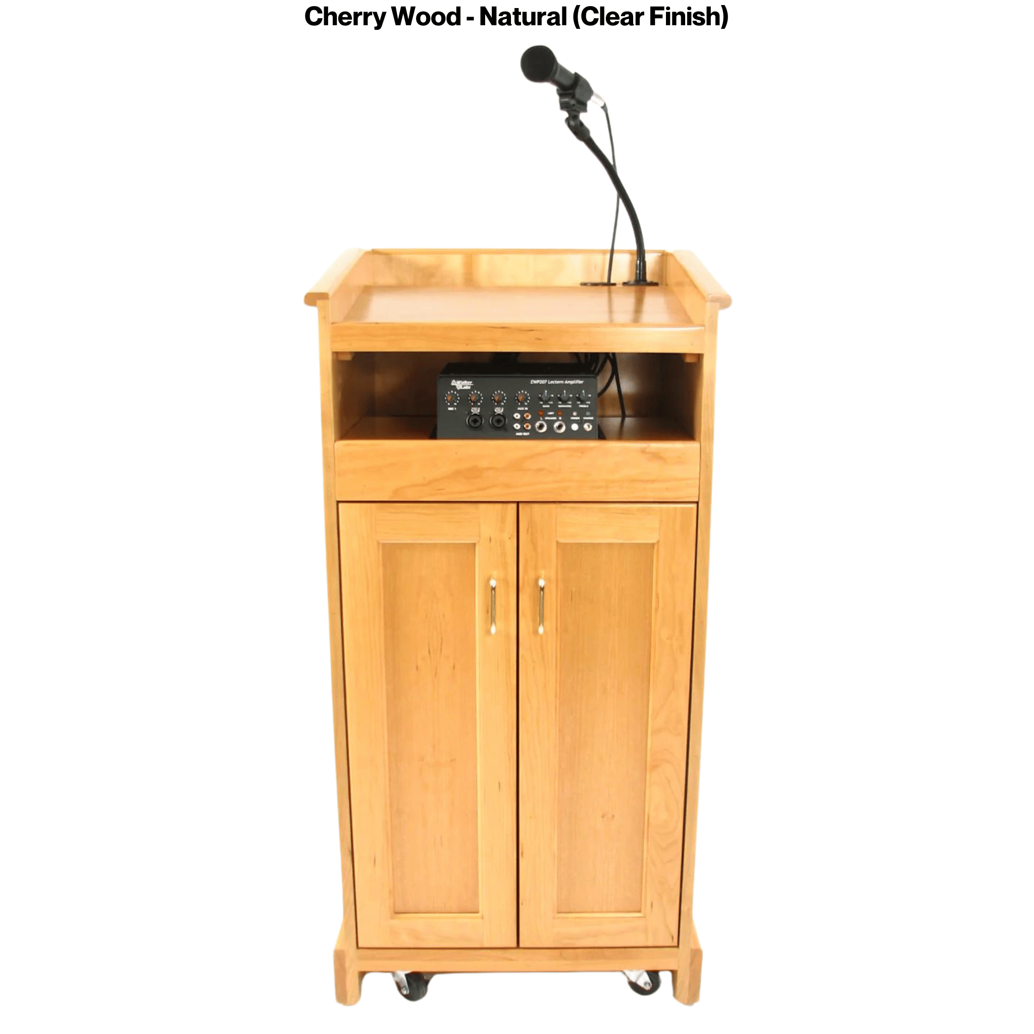 Collegiate Evolution podium, handcrafted in the USA from solid cherry, featuring a built-in sound system, mobility casters, and storage options.