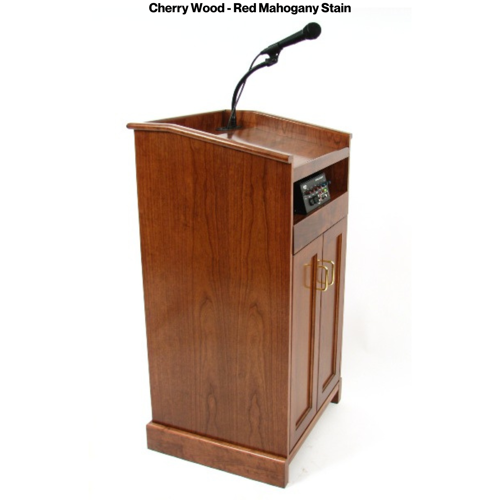 Collegiate Evolution podium, handcrafted in the USA from solid cherry, featuring a built-in sound system, mobility casters, and storage options.