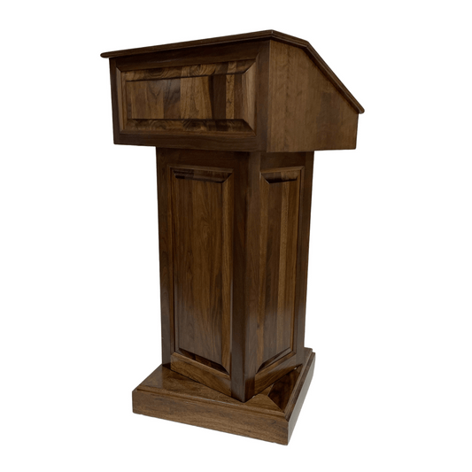 Counselor Swivel™ Podium with 45-degree swivel mechanism, adjustable work surface, and premium hardwood construction for dynamic presentations.