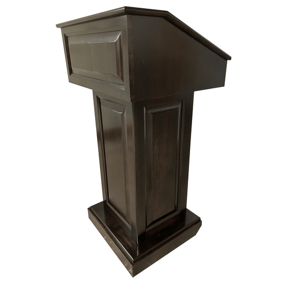 Counselor™ Podium, handcrafted in the USA with premium hardwood, adjustable work surface, built-in storage, and hidden casters.