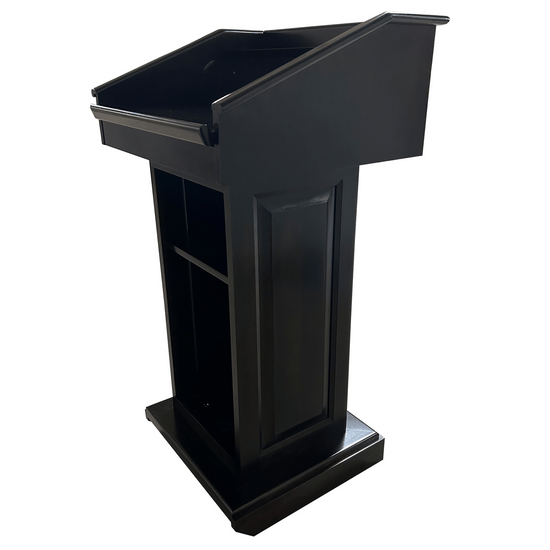 Counselor™ Podium, handcrafted in the USA with premium hardwood, adjustable work surface, built-in storage, and hidden casters.