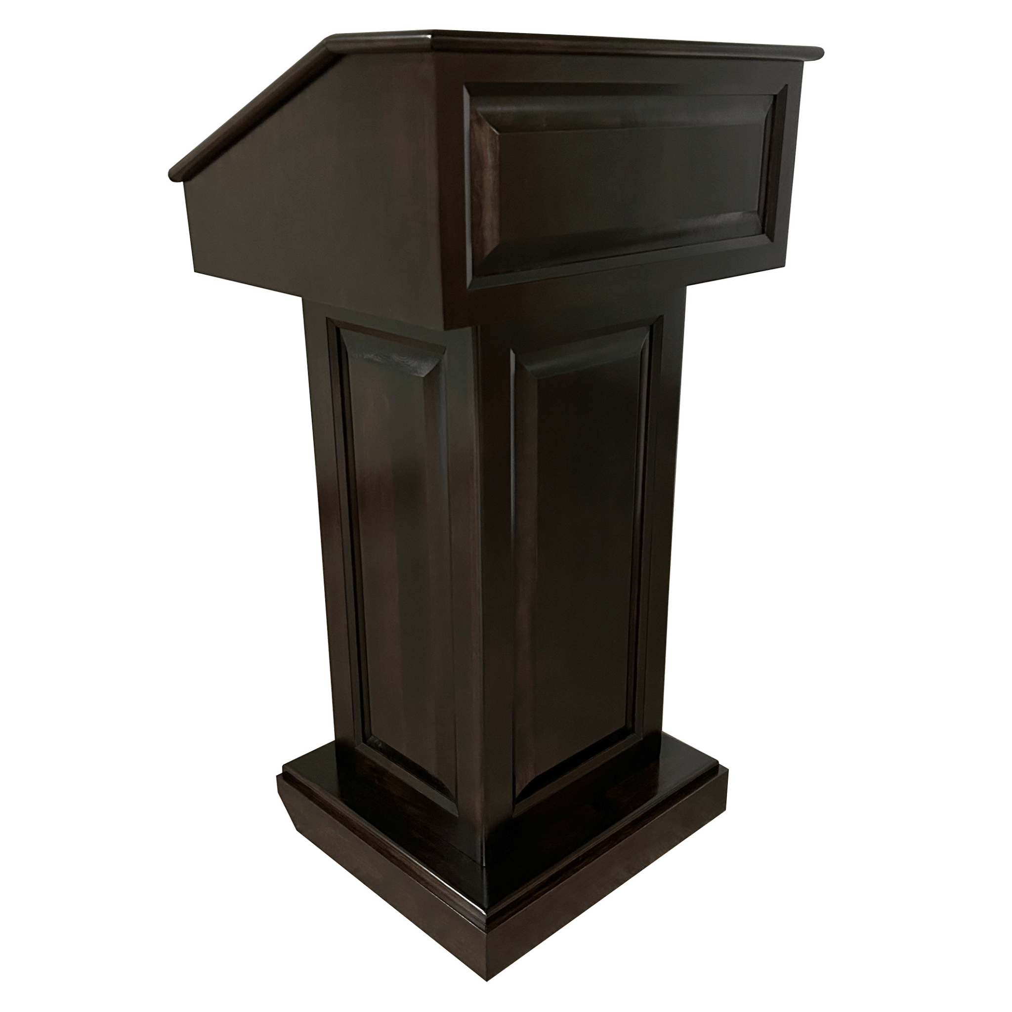Counselor™ Podium, handcrafted in the USA with premium hardwood, adjustable work surface, built-in storage, and hidden casters.