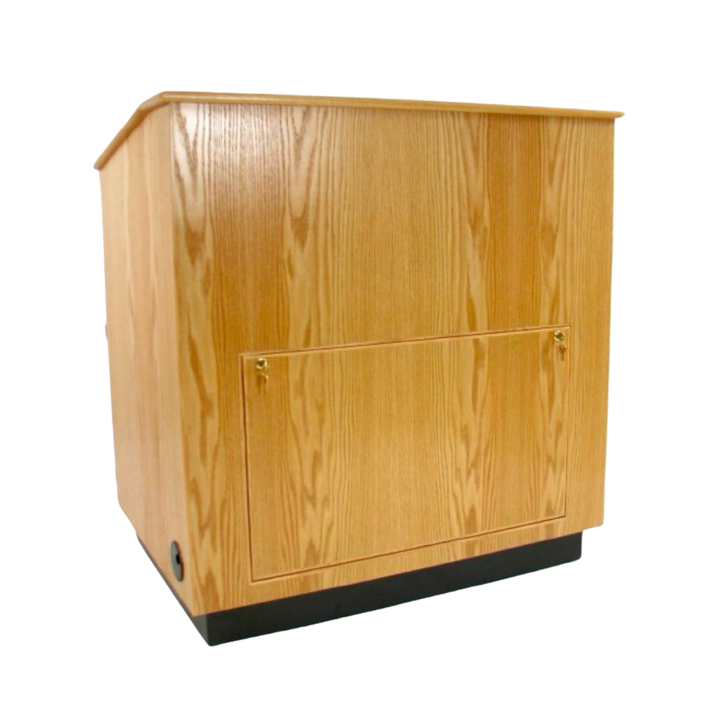 Handcrafted multimedia lectern cart with locking storage, rack rails, cable management, and mobility. Ideal for schools and training centers.