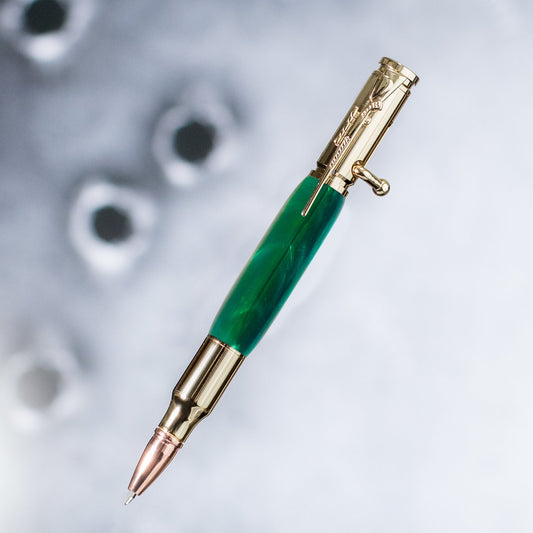 Emerald green acrylic pen with glossy finish, handmade in the USA