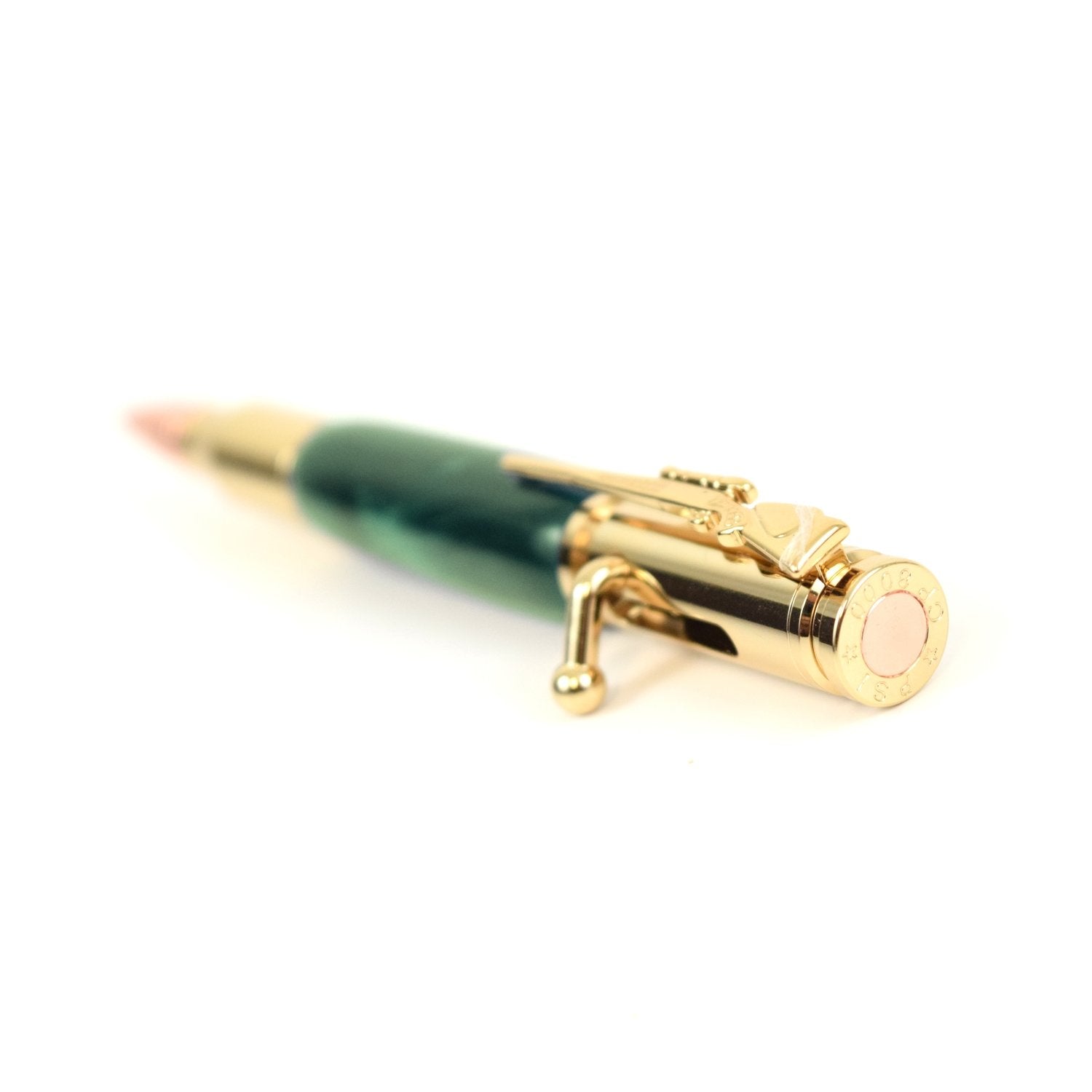 Emerald green acrylic pen with glossy finish, handmade in the USA