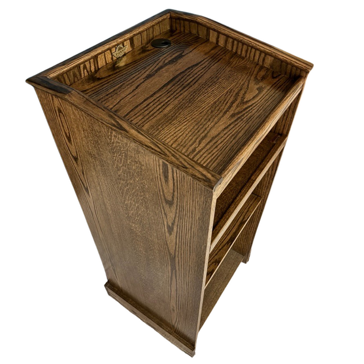 Wooden podium with a work surface on a white background