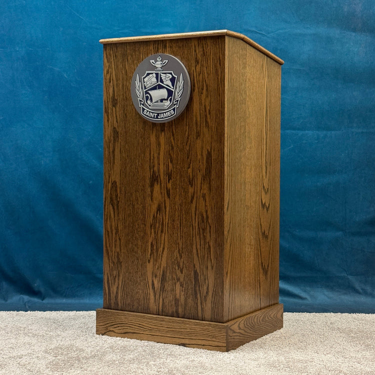 Wooden podium with a emblem on a blue background