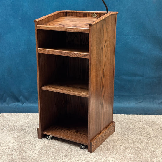 wooden oak lectern with casters