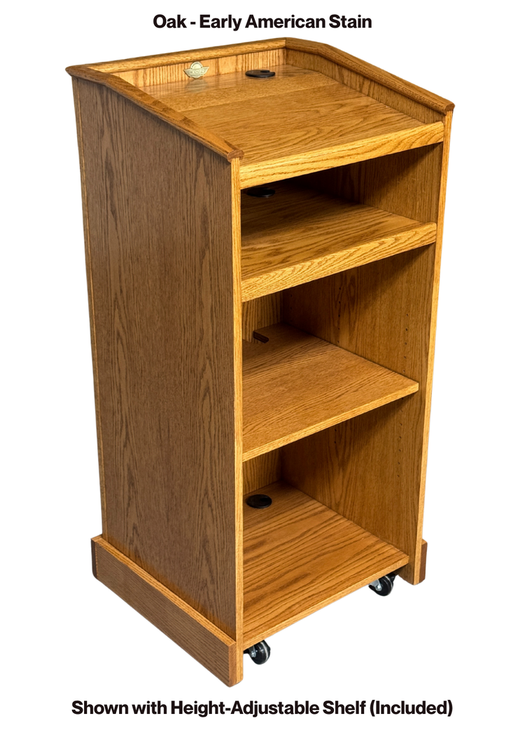 Wooden lectern with height-adjustable shelf in Oak - Early American Stain finish on a white background.