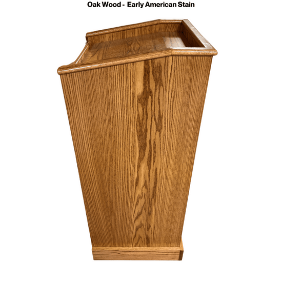Graduate™ Podium (GRAD411) with angled work surface, flat reveal for tech, solid oak construction, storage shelves, and casters.