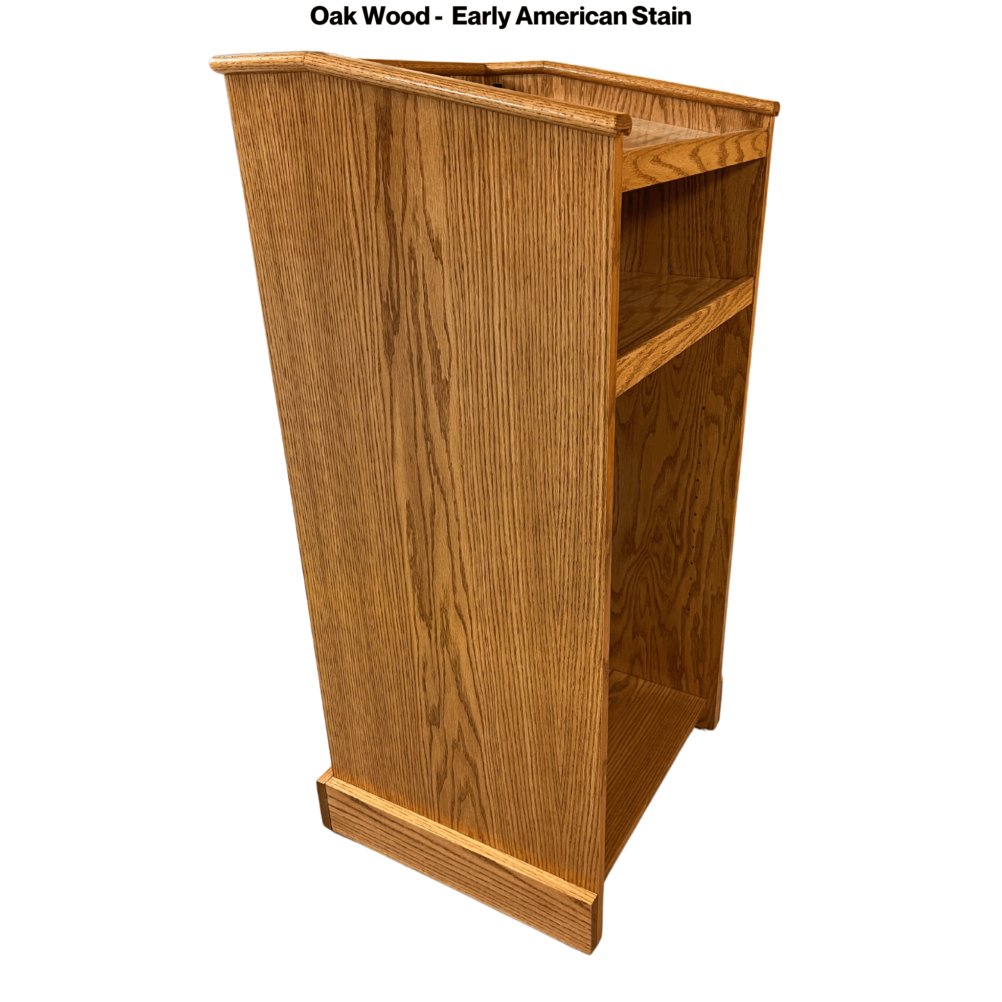 Graduate™ Podium (GRAD411) with angled work surface, flat reveal for tech, solid oak construction, storage shelves, and casters.