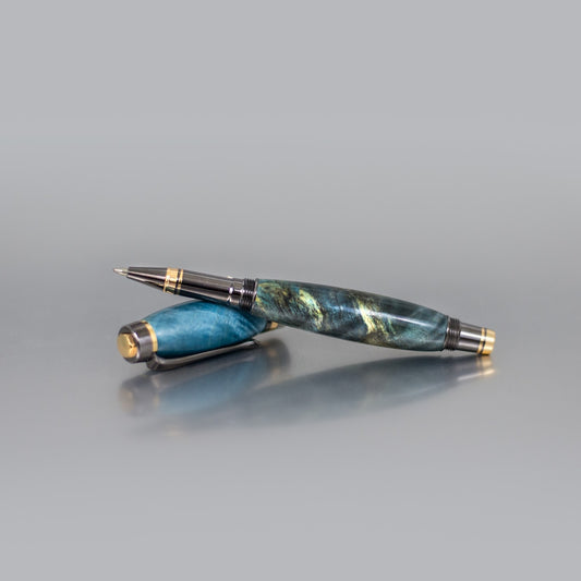 Handcrafted Buckeye Burl executive rollerball pen with sleek metal body