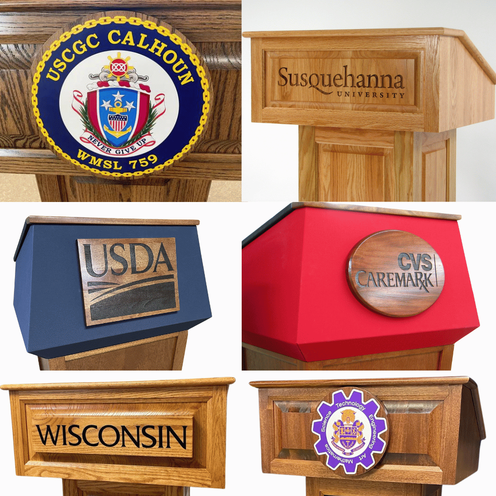 Custom logo options for lecterns: vinyl plaque, laser-engraved magnetic plaque or direct engraving, and engraved painted seal.
