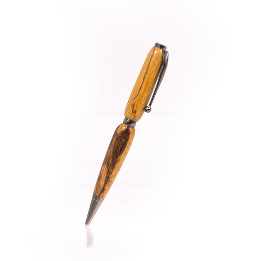 Handcrafted Marblewood pen with bold striped grain, glossy finish, and refillable black ballpoint insert, made in Missouri