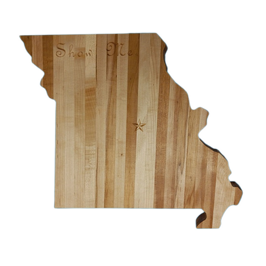 Missouri Handcrafted state-shaped charcuterie board made from solid American hard maple, featuring engraved details and a food-safe finish.