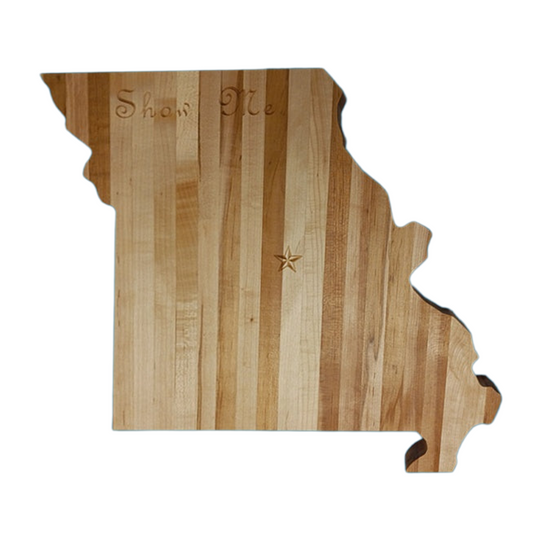 Missouri Handcrafted state-shaped charcuterie board made from solid American hard maple, featuring engraved details and a food-safe finish.