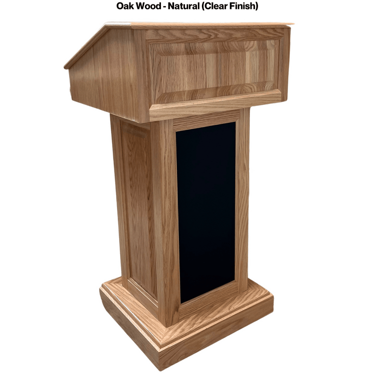 The Counselor Evolution™ all-in-one lectern, handcrafted in the USA, features adjustable work surface, built-in sound system, and portable design.