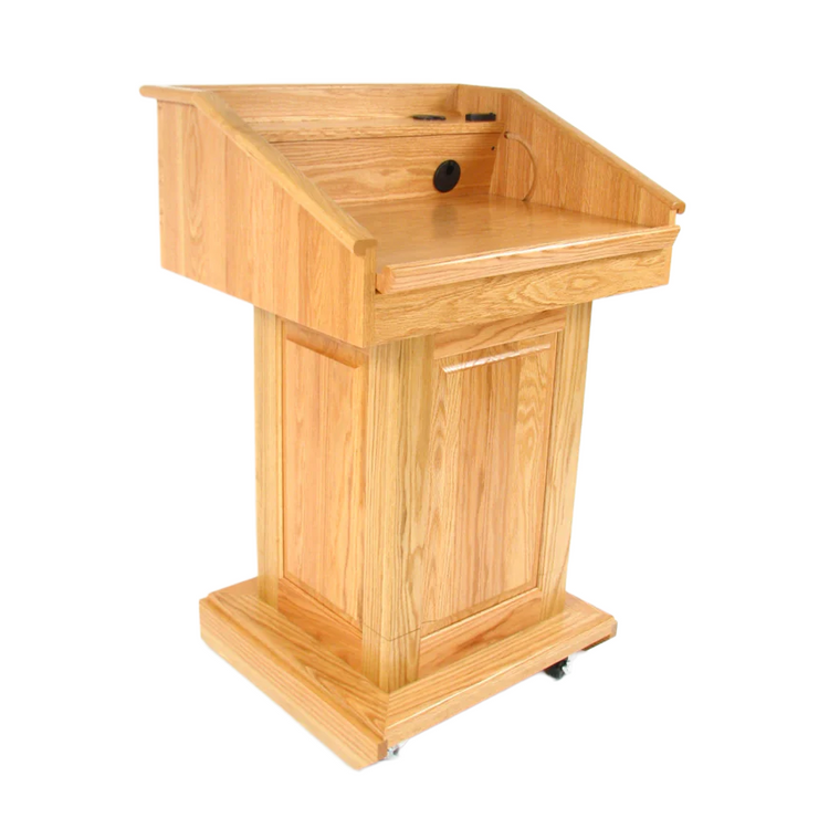 Counselor Lift™ Oak Podium with electric height adjustment, premium hardwood, and mobility casters, ideal for professional settings.