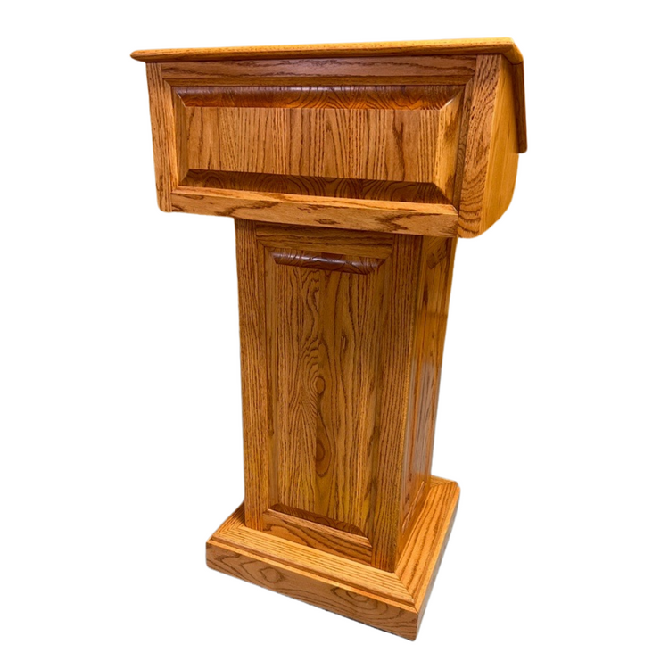 Counselor™ Podium, handcrafted in the USA with oak hardwood, adjustable work surface, built-in storage, and hidden casters.