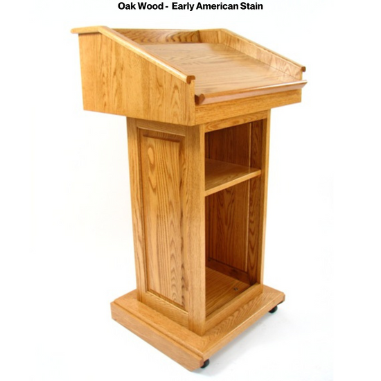 Counselor™ Podium, handcrafted in the USA with premium hardwood, adjustable work surface, built-in storage, and hidden casters.