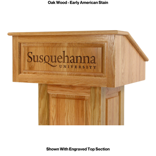 Counselor™ Podium, handcrafted in the USA with premium hardwood, adjustable work surface, built-in storage, and engraved top.