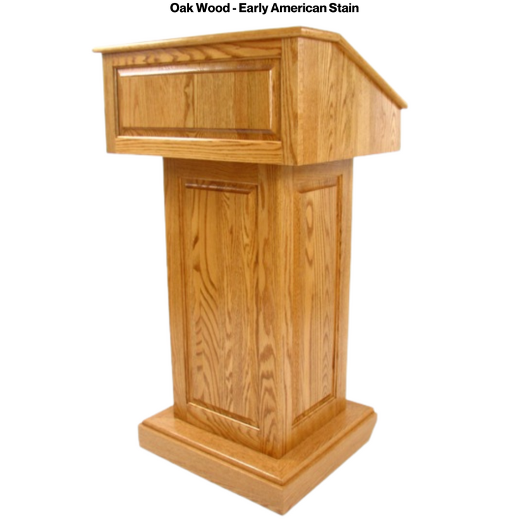 Counselor™ Podium, handcrafted in the USA with premium hardwood, adjustable work surface, built-in storage, and hidden casters.