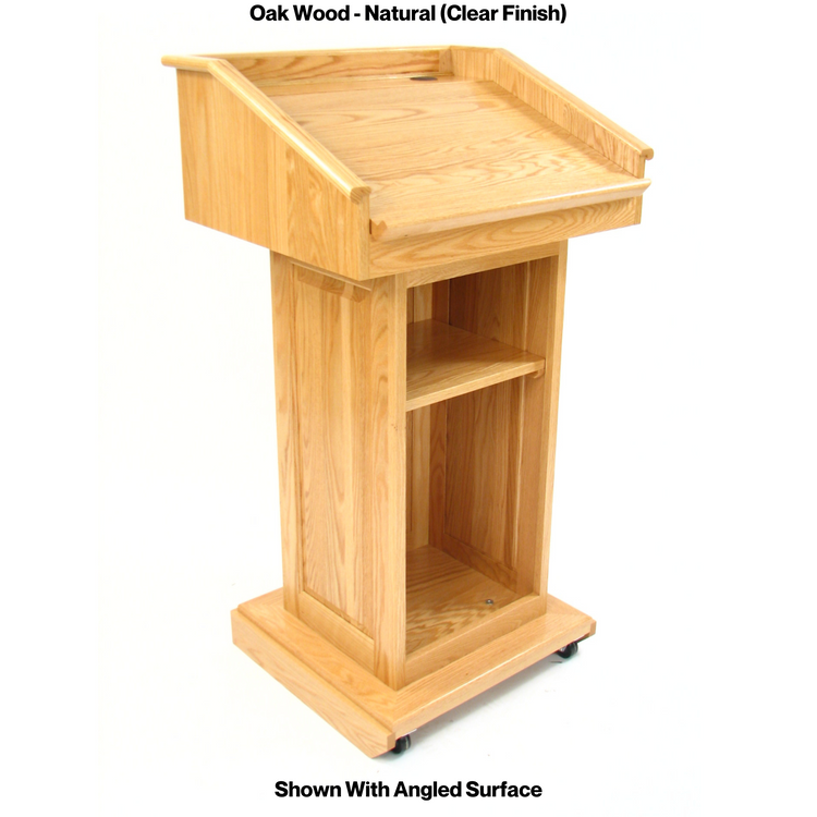 Counselor™ Podium, handcrafted in the USA with premium hardwood, adjustable work surface, built-in storage, and hidden casters.