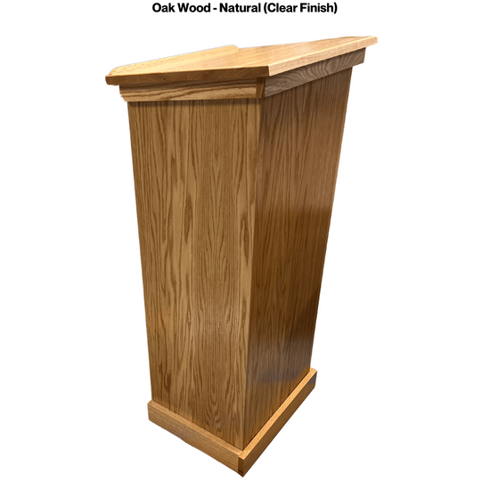 Assistant podium made of solid red oak with open-back storage shelf, water-resistant clear finish, and optional cross attachment.