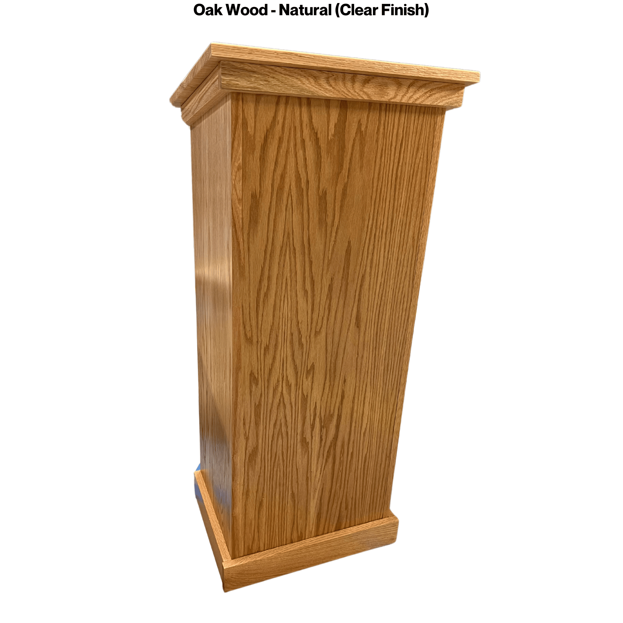 Assistant™ podium made of solid red oak with open-back storage shelf, water-resistant clear finish, and optional cross attachment.