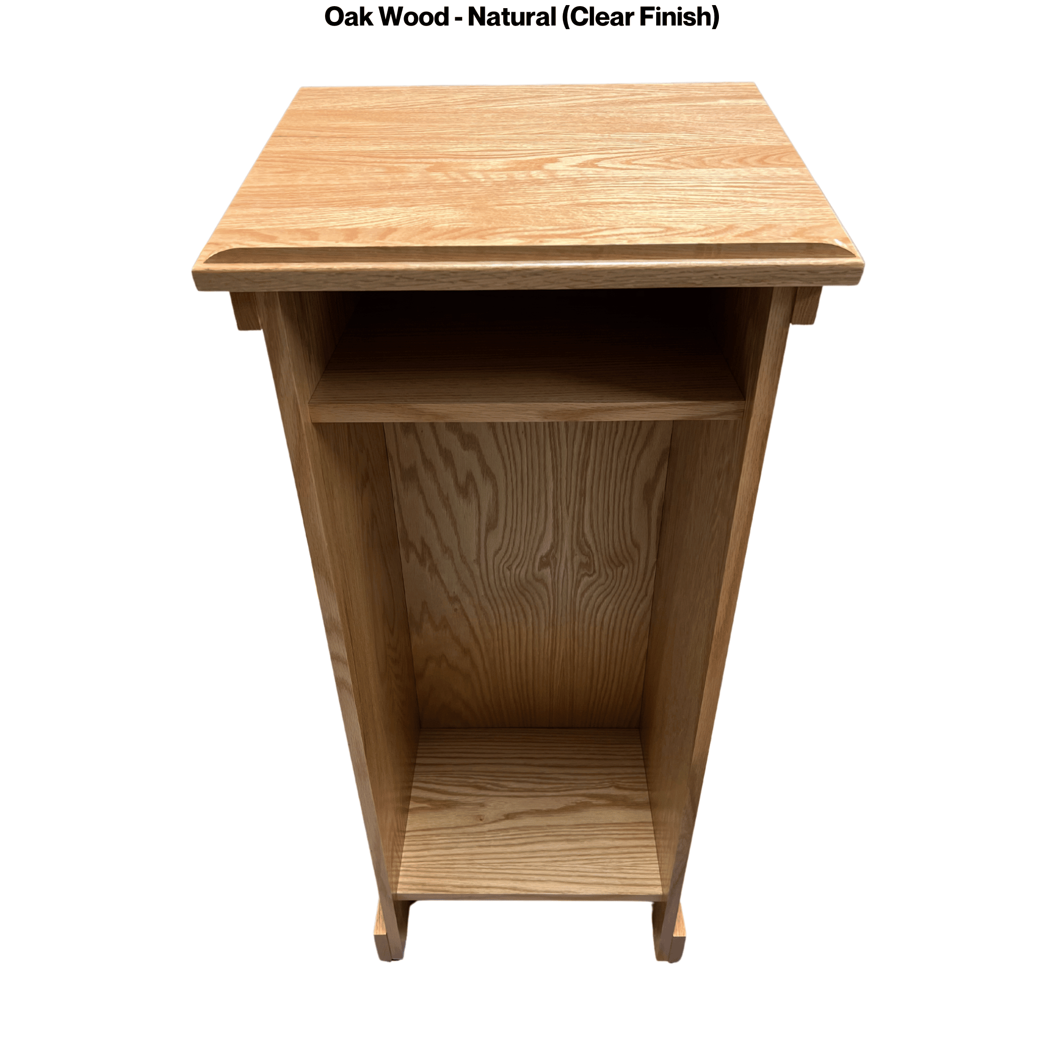 Assistant™ podium made of solid red oak with open-back storage shelf, water-resistant clear finish, and optional cross attachment.