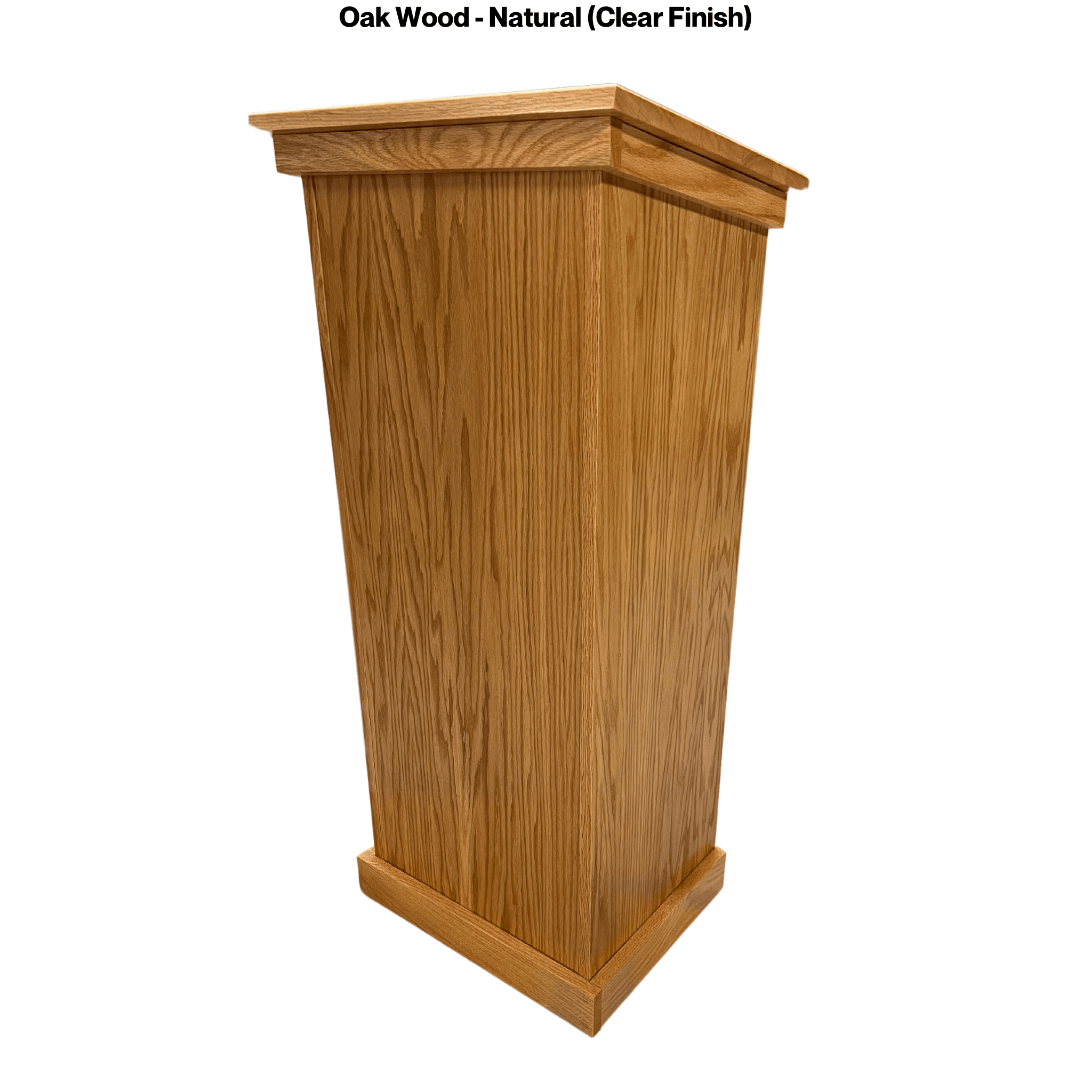 Assistant podium made of solid red oak with open-back storage shelf, water-resistant clear finish, and optional cross attachment.