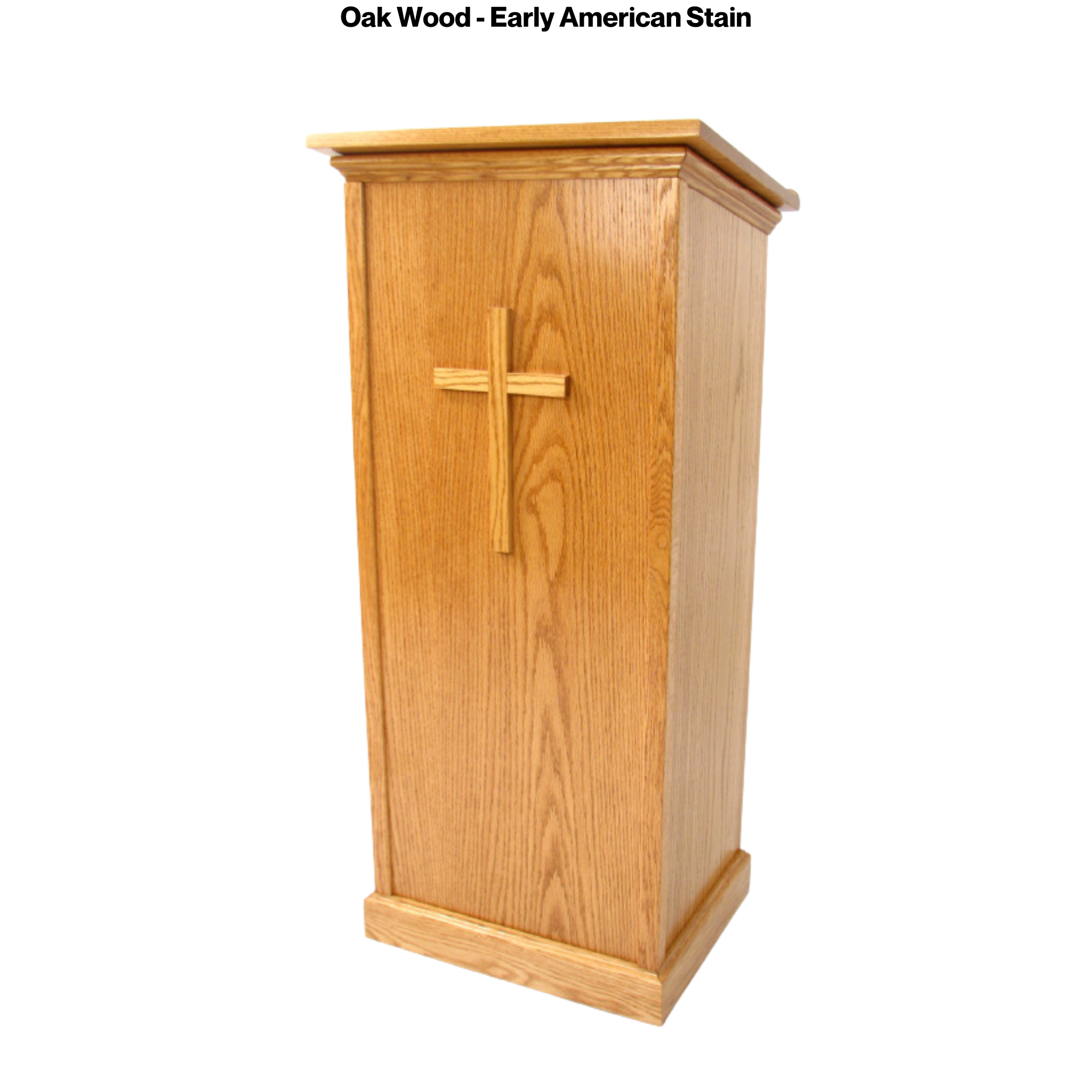 Assistant podium made of solid red oak with open-back storage shelf, water-resistant clear finish, and cross attachment.