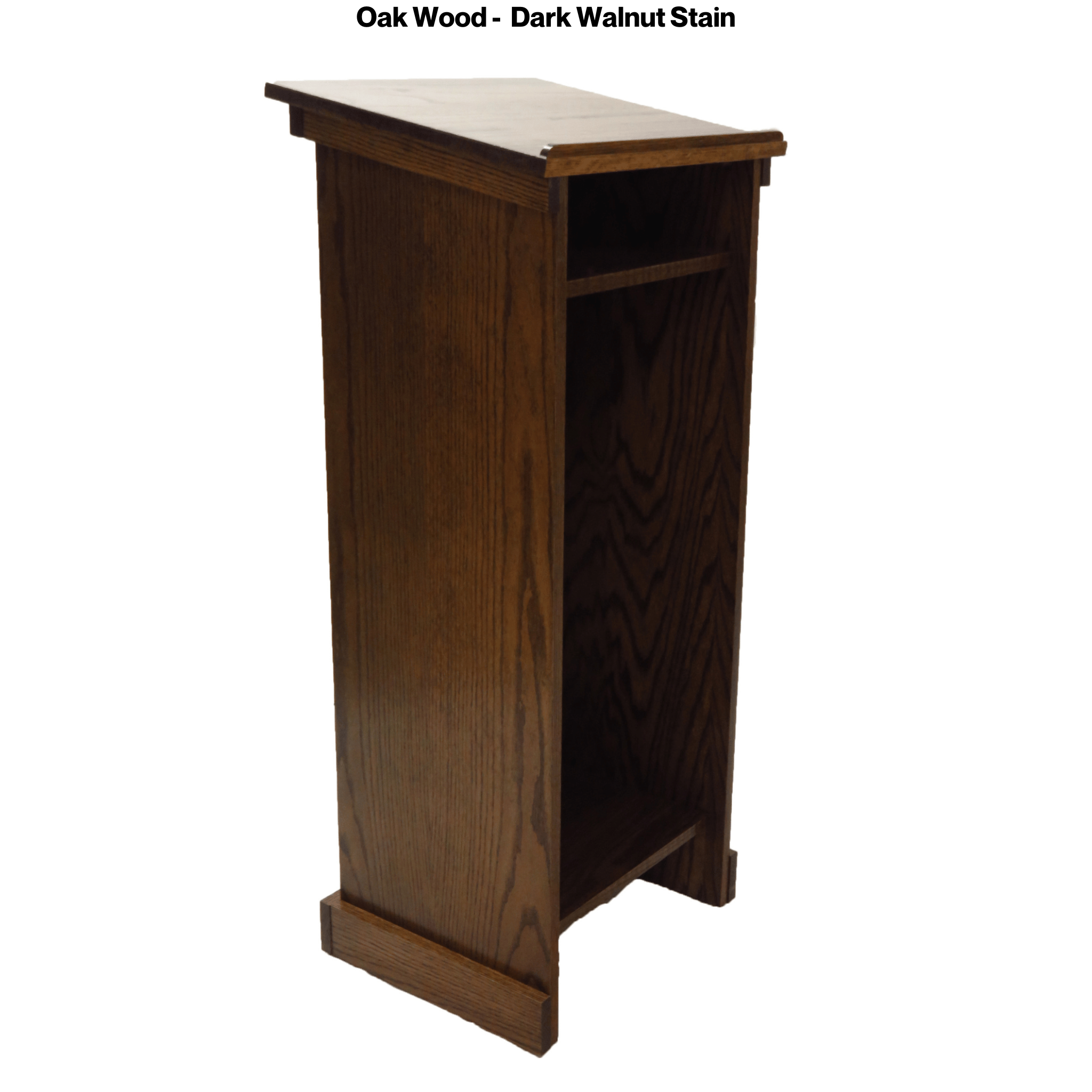 Assistant podium made of solid red oak with open-back storage shelf, water-resistant clear finish, and optional cross attachment.