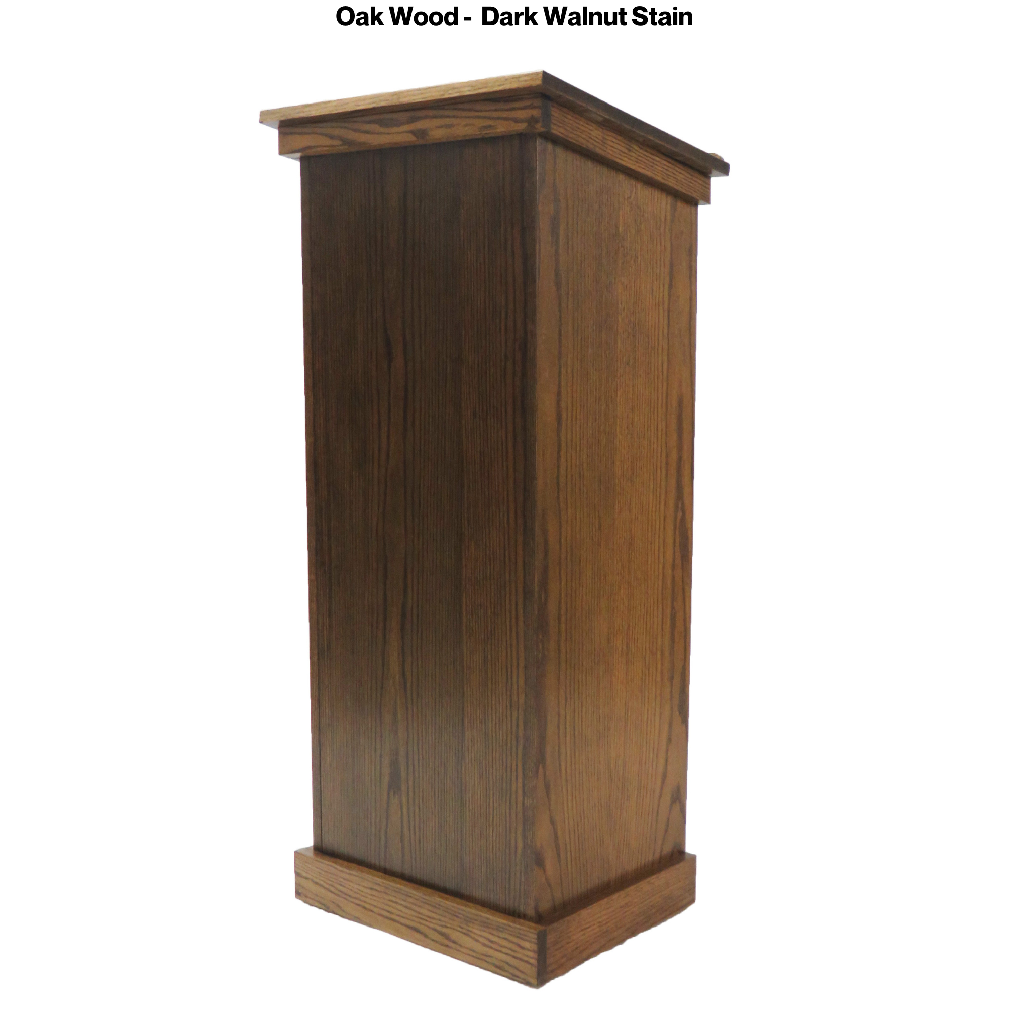 Assistant podium made of solid red oak with open-back storage shelf, and water-resistant clear finish.