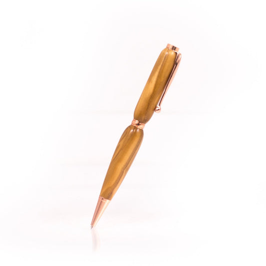 Handcrafted Olivewood pen with flowing grain, glossy finish, and refillable black ballpoint ink insert, made in Missouri