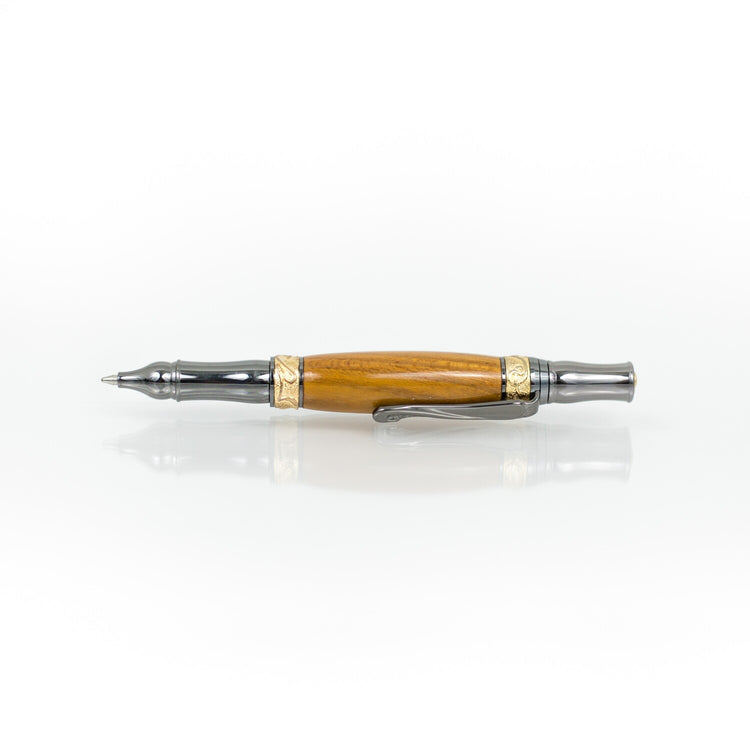 Handcrafted Osage Orange rollerball pen with 24K gold accents and metal body