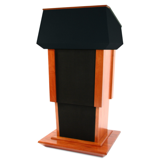 Height-adjustable wooden podium with built-in sound system, LED light, microphone, and magnetic auto-aligning logo plaque system.