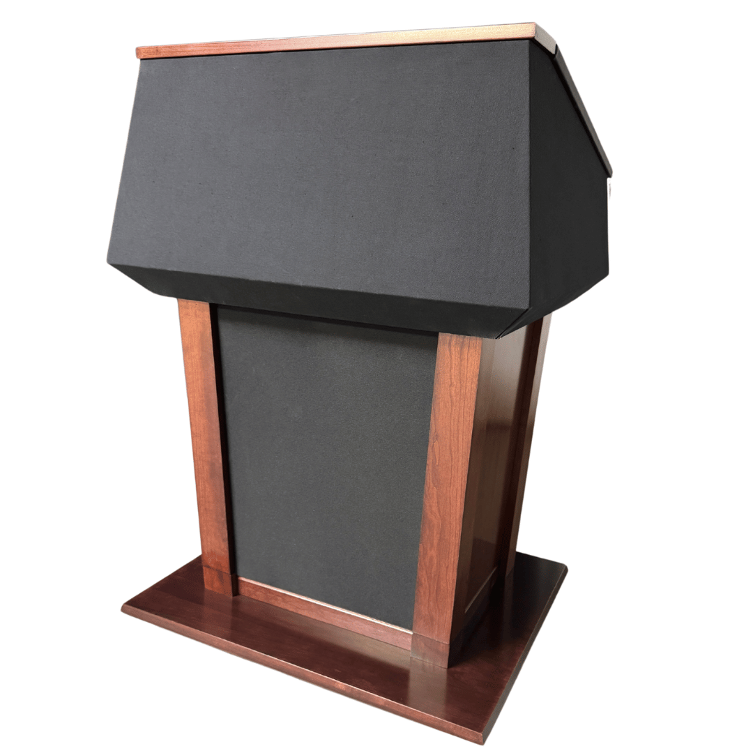 Large presidential height-adjustable wooden podium with built-in sound system, retractable microphone, LED light, and clock.