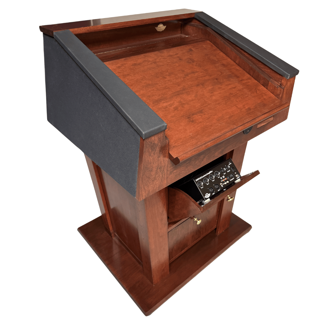 Height-adjustable wooden podium with built-in sound system, LED light, microphone, and magnetic auto-aligning logo plaque system.