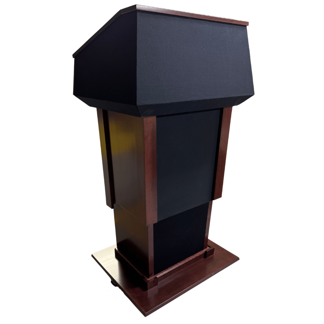 Height-adjustable wooden podium with built-in sound system, LED light, microphone, and magnetic auto-aligning logo plaque system.