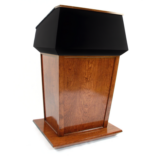 "Presidential Plus™ Large Solid Wood Podium featuring a rich, polished finish and spacious design. Crafted from high-quality solid wood, this elegant podium offers ample surface area for presentations, with a classic and professional look perfect for corporate, academic, or formal settings." PODIUM SOUND SYSTEM AMERICAN MADE PODIUM handcrafted podium