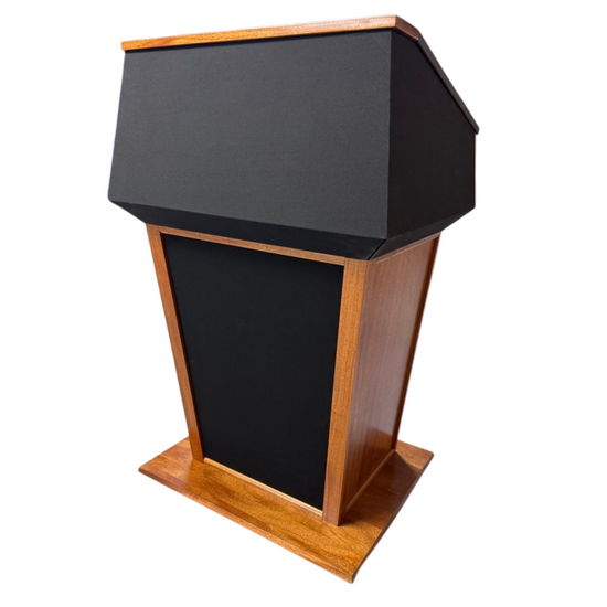 Presidential plus evolution podium with built in sound system and self-aligning magnetic lectern logo front panel.